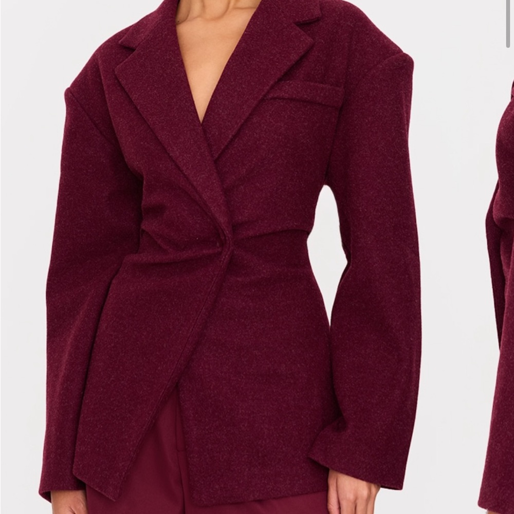 BURGUNDY WOOL LOOK CINCHED BLAZER